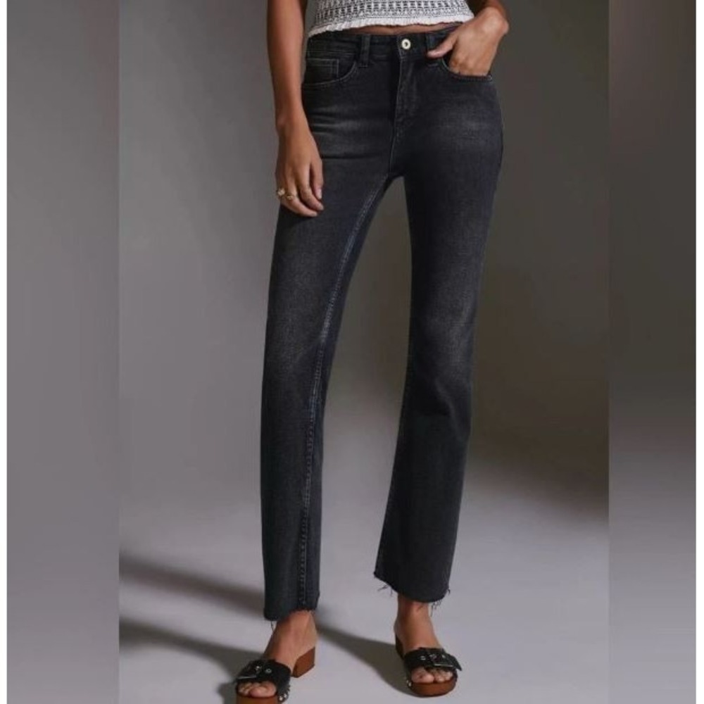 Pilcro The Yaya  Size 26 Mid-Rise Kick‎ Flare Jeans Black Denim Raw Hem Stretch